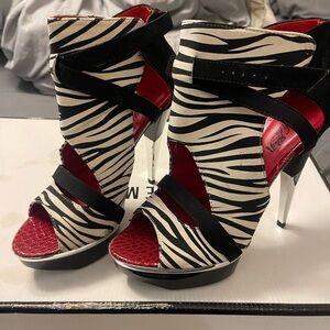 Zebra-Print Peep Toe High Heel Sandals - Black & White